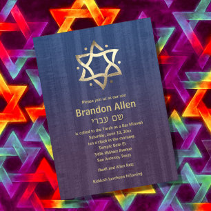 Bar Mitzvah Stained Wood Blue Plum Gold Star Invitation