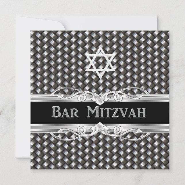 Bar Mitzvah Star Black Silver Metal male boy Invitation (Front)