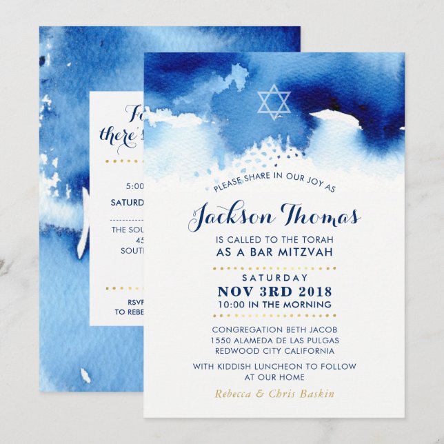 BAR MITZVAH star modern blue watercolor invite (Front/Back)