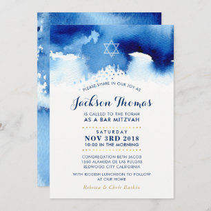 BAR MITZVAH star modern blue watercolor invite