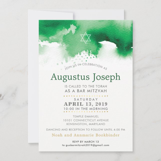 BAR MITZVAH star modern kelly green watercolor GUS Invitation (Front)