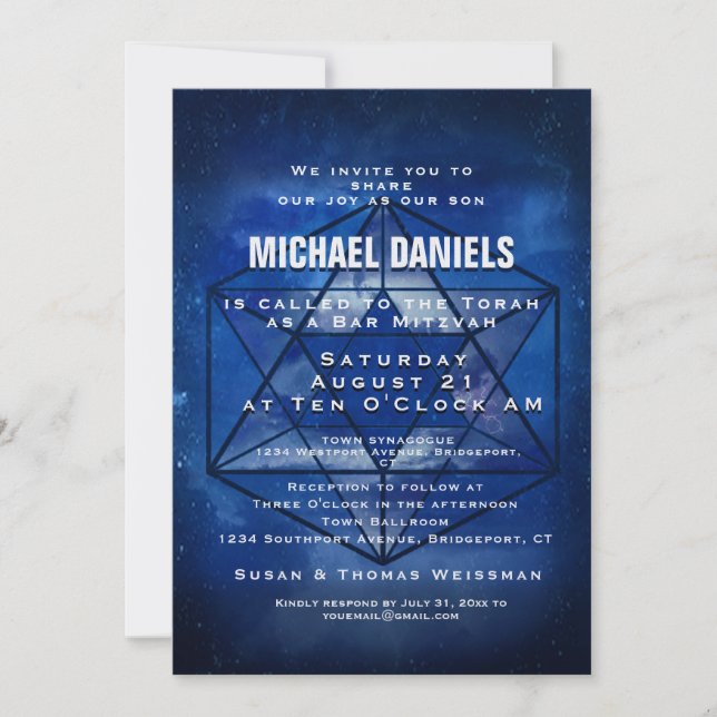 Bar Mitzvah Star of David Blue Space Invitation (Front)