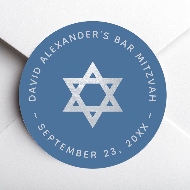 Bar Mitzvah Star of David Classic Blue Faux Silver Classic Round Sticker (Creator Uploaded)