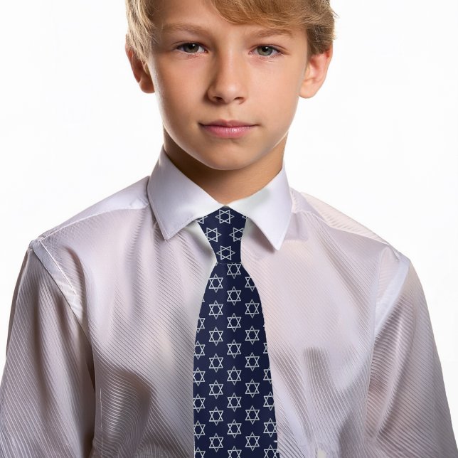 Bar Mitzvah Star of David Faux Silver Navy Blue Tie (Creator Uploaded)