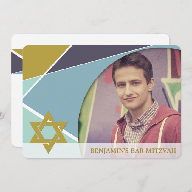 Bar Mitzvah Star Of David Geometric Photo Invite (Front/Back)