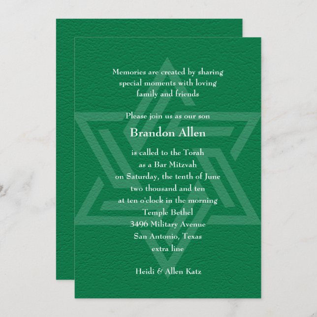 Bar Mitzvah Star of David Green Invitation (Front/Back)