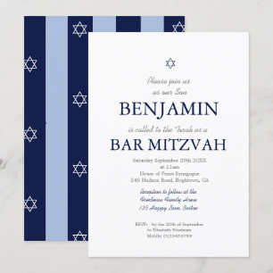 Bar Mitzvah Star of David Jewish Blue Stripe  Invi Invitation