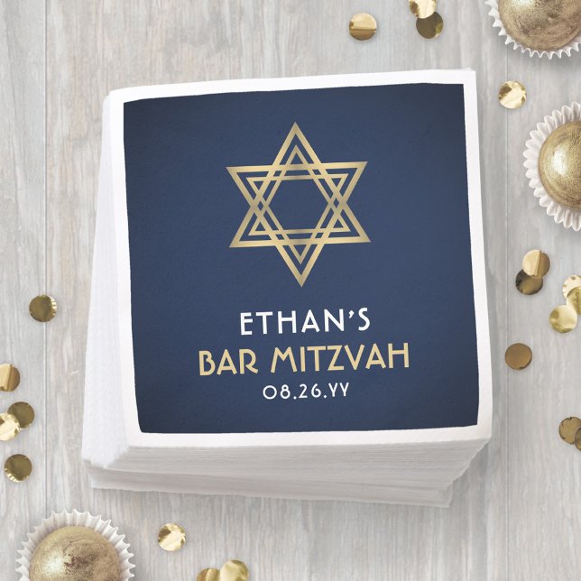 Bar Mitzvah Star of David Navy Blue White and Gold Napkin (Creator Uploaded)