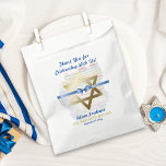 Bar Mitzvah Star Of David Ribbon Favour Bags<br><div class="desc">Thank your guests with this bar mitzvah favour bag with a gold Star of David with blue ribbon across it.  A colourful striped paint splatter backdrop.  Templates created for you.</div>