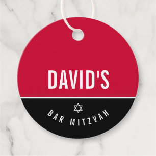 BAR MITZVAH star simple modern boy grey red Favour Tags