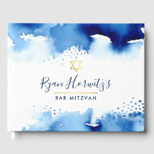 BAR MITZVAH stylish gold star blue watercolor Guest Book