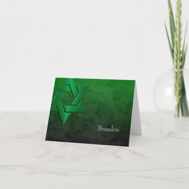 Bar Mitzvah Stylish Green Star of David Ombre Thank You Card (Front)