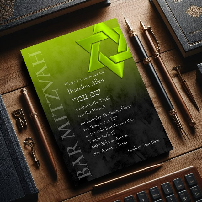Bar Mitzvah Stylish Lime Green Star of David Ombre Invitation (Creator Uploaded)