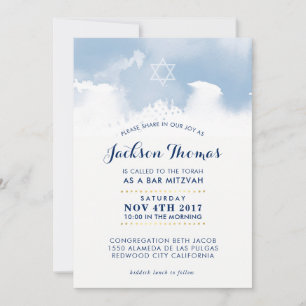 BAR MITZVAH stylish pale blue watercolor invite