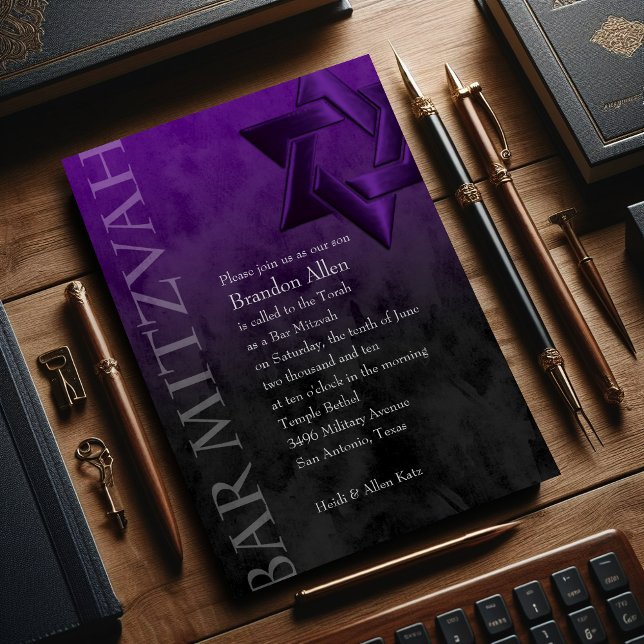 Bar Mitzvah Stylish Purple Star of David Ombre Invitation (Creator Uploaded)