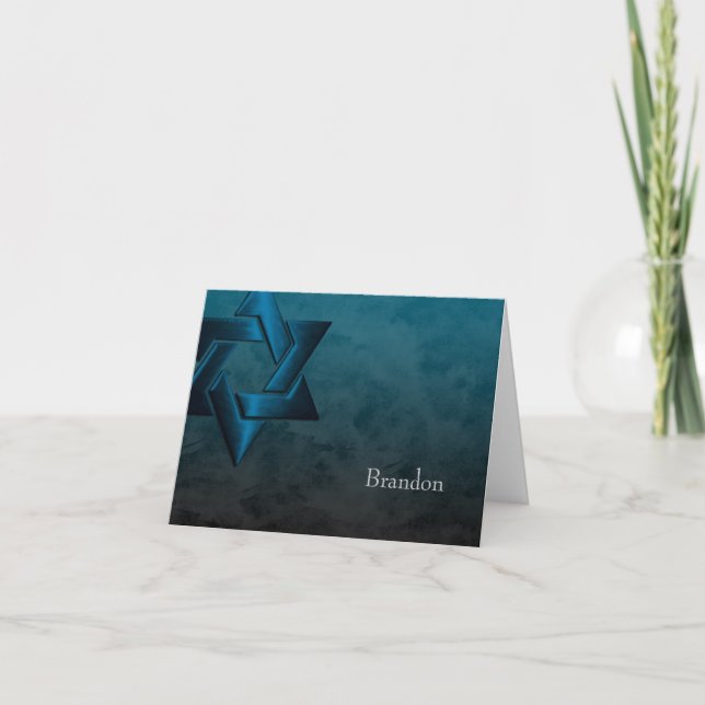 Bar Mitzvah Stylish Teal Blue Star of David Ombre Thank You Card (Front)
