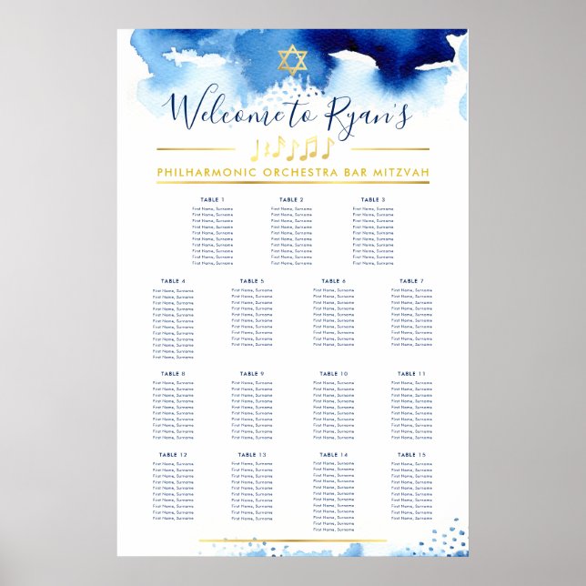 BAR MITZVAH TABLE PLAN  gold star blue watercolor Poster (Front)