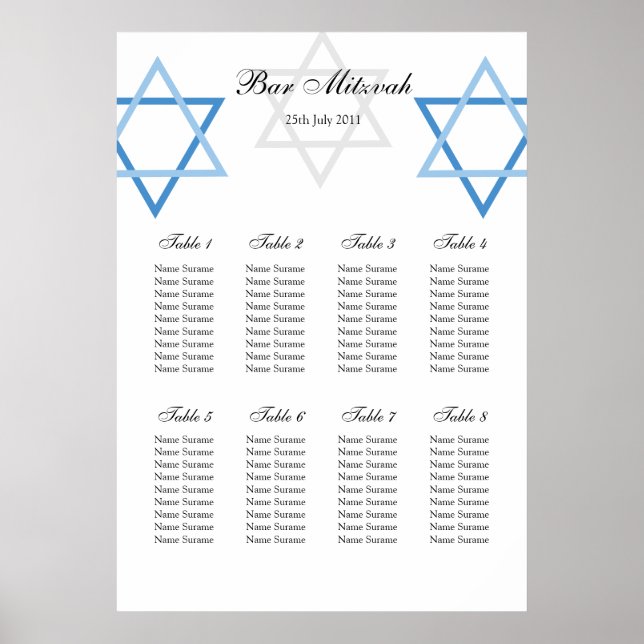 Bar Mitzvah Table Seating Plan Poster (Front)