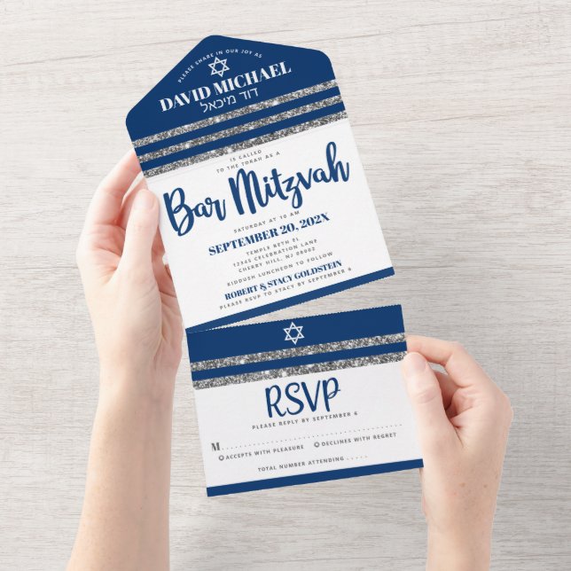 Bar Mitzvah Tallit Navy Blue Script Simple Modern All In One Invitation (Tearaway)
