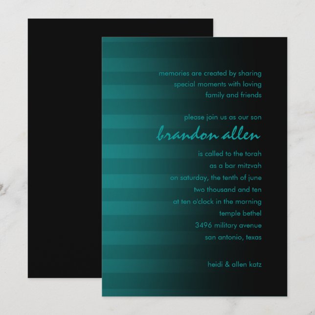 Bar Mitzvah Teal and Black Horizontal Stripe Invitation (Front/Back)