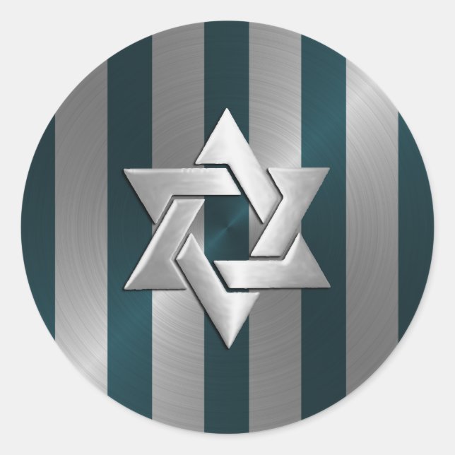 Bar Mitzvah Teal and Silver Stripe Star of David Classic Round Sticker (Front)