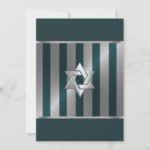 Bar Mitzvah Teal and Silver Stripe Star of David Invitation