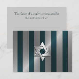Bar Mitzvah Teal and Silver Stripe Star of David RSVP Card
