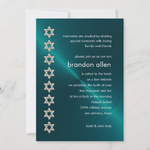 Bar Mitzvah Teal  Sheen Silver Stars of David Invitation