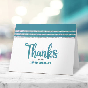 Bar Mitzvah Teal Silver Tallit Script Modern Bold Thank You Card