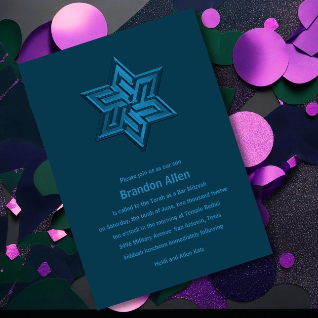 Bar Mitzvah Teal Tones Star of David Invitation (Creator Uploaded)