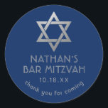 Bar Mitzvah Thank You Blue Silver Star of David Classic Round Sticker<br><div class="desc">Elegant modern blue and silver classic bar mitzvah "thank you" personalised stickers with custom name,  date and Star of David.</div>