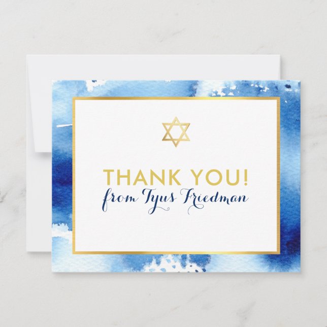 BAR MITZVAH thank you gold star blue watercolor (Front)