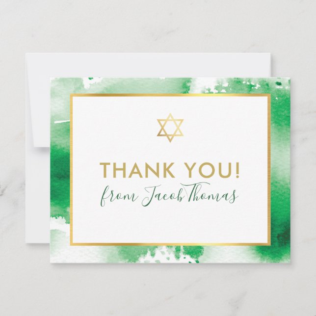 BAR MITZVAH thank you gold star green watercolor (Front)