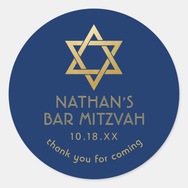Bar Mitzvah Thank You Navy Blue Gold Star of David Classic Round Sticker (Front)