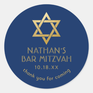Bar Mitzvah Thank You Navy Blue Gold Star of David Classic Round Sticker