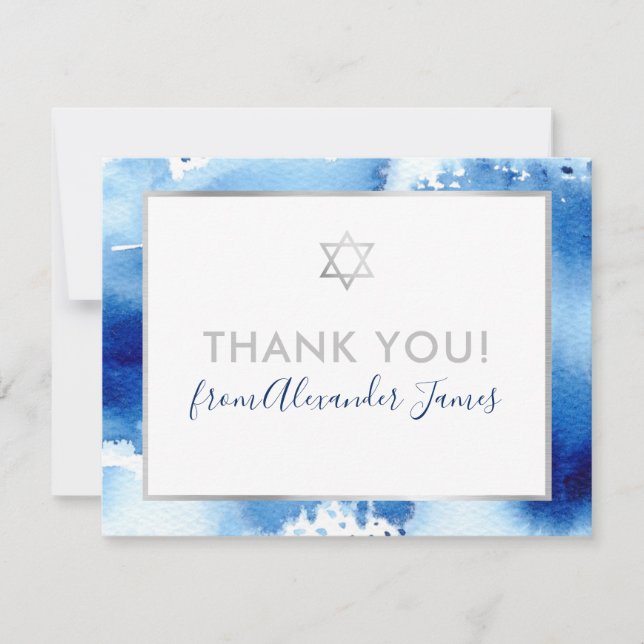 BAR MITZVAH thank you silver star blue watercolor Card (Front)
