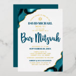 Bar Mitzvah Turquoise Agate Bold Script Real Gold<br><div class="desc">Be proud, rejoice and showcase this milestone of your favourite Bar Mitzvah! Send out this cool, unique, modern, personalised, Hebrew name real gold foil invitation for an event to remember. Dark teal blue script typography, real gold foil sans serif typography, and a real foil gold Star of David overlay a...</div>