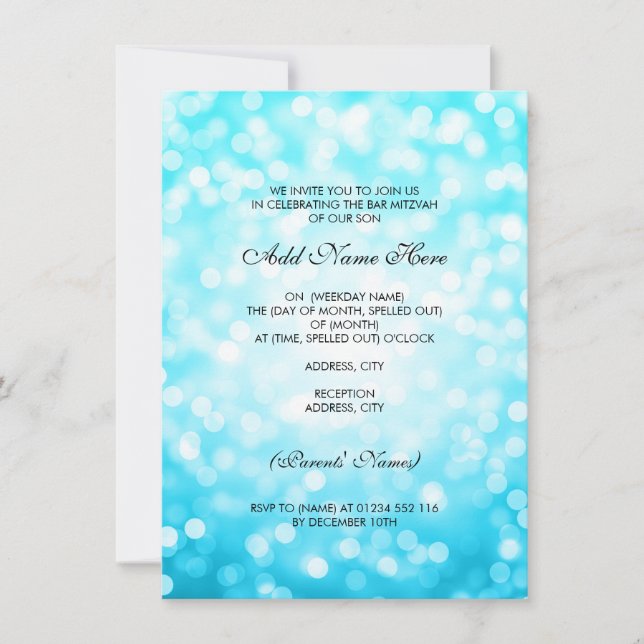 Bar Mitzvah Turquoise Glitter Lights Invitation (Front)