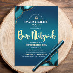 Bar Mitzvah Turquoise Ombre Agate Gold Script Bold Invitation<br><div class="desc">Be proud, rejoice and showcase this milestone of your favourite Bar Mitzvah! Send out this cool, unique, modern, personalised, Hebrew name invitation for an event to remember. Faux gold foil script typography, white sans serif typography, and a faux gold Star of David overlay a deep turquoise teal blue ombre background...</div>