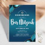 Bar Mitzvah Turquoise Ombre Agate Modern Script Invitation<br><div class="desc">Be proud, rejoice and showcase this milestone of your favourite Bar Mitzvah! Send out this cool, unique, modern, personalised invitation for an event to remember. White script typography and a faux gold Star of David overlay a deep turquoise teal blue ombre background with turquoise blue agate accented with faux gold...</div>