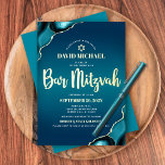 Bar Mitzvah Turquoise Ombre Agate Script Real Gold<br><div class="desc">Be proud, rejoice and showcase this milestone of your favourite Bar Mitzvah! Send out this cool, unique, modern, personalised invitation for an event to remember. Real gold foil script typography, white sans serif typography, and a real gold foil Star of David overlay a deep turquoise teal blue ombre background with...</div>