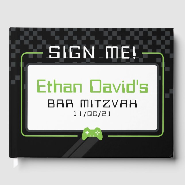 BAR MITZVAH WELCOME gamer cool black lime green Guest Book (Front)