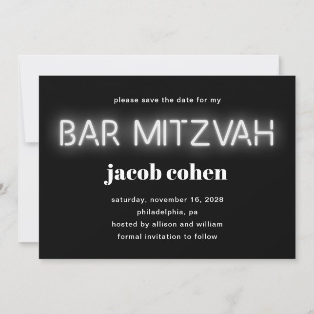 Bar Mitzvah White Neon Lights Save The Date Invitation (Front)