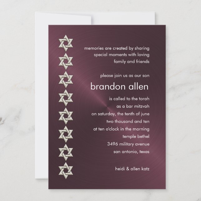Bar Mitzvah Wine Sheen Silver Stars of David Invitation (Front)