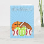 Bar Mitzvah With Various Sport Balls, Tennis, Base Card<br><div class="desc">This design is printed on good quality card stock. Bar Mitzvah With Various Sport Balls,  Tennis,  Baseball,  Basketball,  Football,  and the star of David in the background,  a fun design to celebrate his coming of age</div>