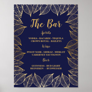 Bar Navy Gold Leaves Sign Wedding Reception