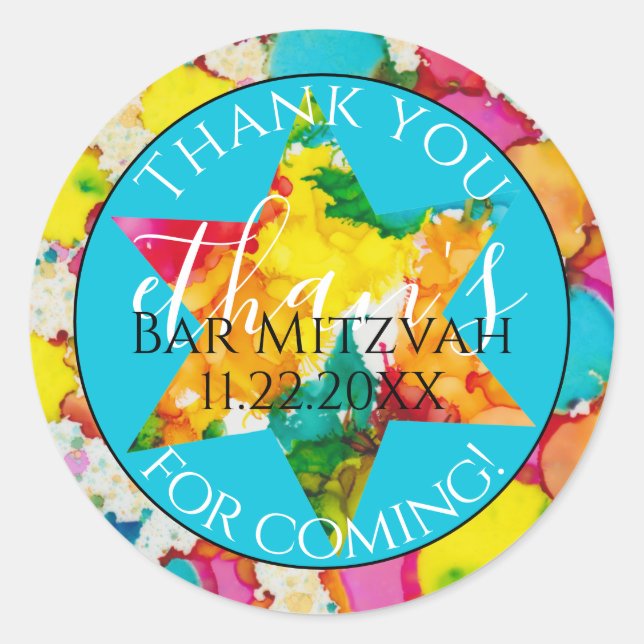 Bar or Bat Mitzvah Confetti Star Round Sticker (Front)
