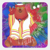 Bar or Bat Mitzvah Hippie Bear Stickers Square