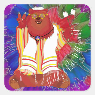 Bar or Bat Mitzvah Hippie Bear Stickers Square