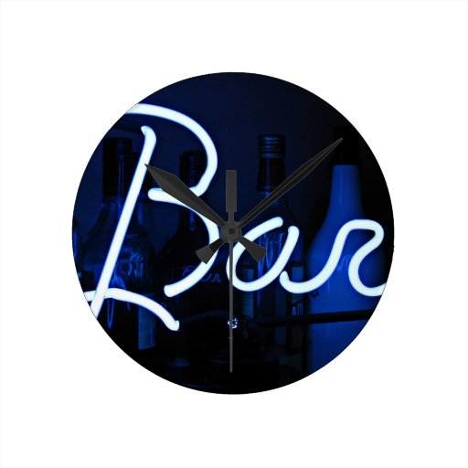 Image of bar sign , cool blue lit neon light Round Clock
